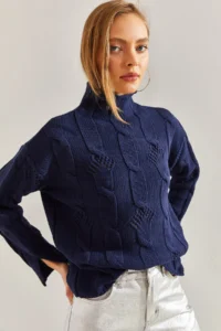 Bianco Lucci Women's Navy Blue Half Turtleneck Hair Knitted Patterned Knitwear Sweater - Image 2