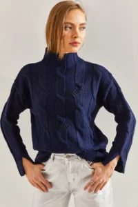 Bianco Lucci Women's Navy Blue Half Turtleneck Hair Knitted Patterned Knitwear Sweater - Image 4