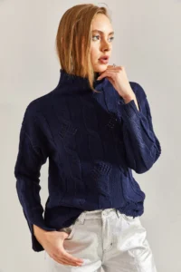 Bianco Lucci Women's Navy Blue Half Turtleneck Hair Knitted Patterned Knitwear Sweater - Image 5