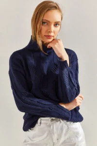 Bianco Lucci Women's Navy Blue Half Turtleneck Hair Knitted Patterned Knitwear Sweater - Image 6