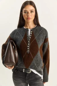 Bianco Lucci Women's Anthracite Brown 11 Buttons Diamond Patterned Basic Knitwear Sweater - Image 6