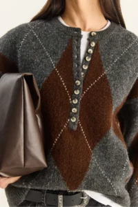 Bianco Lucci Women's Anthracite Brown 11 Buttons Diamond Patterned Basic Knitwear Sweater - Image 7