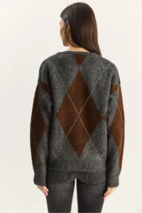 Bianco Lucci Women's Anthracite Brown 11 Buttons Diamond Patterned Basic Knitwear Sweater - Image 8
