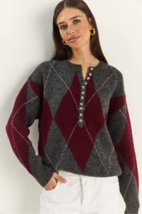 Bianco Lucci Women's Anthracite Claret Red 11 Buttons Diamond Patterned Basic Knitwear Sweater