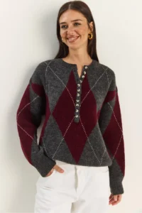 Bianco Lucci Women's Anthracite Claret Red 11 Buttons Diamond Patterned Basic Knitwear Sweater - Image 2