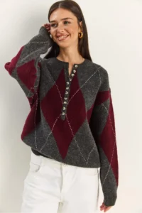 Bianco Lucci Women's Anthracite Claret Red 11 Buttons Diamond Patterned Basic Knitwear Sweater - Image 3