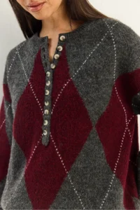 Bianco Lucci Women's Anthracite Claret Red 11 Buttons Diamond Patterned Basic Knitwear Sweater - Image 5