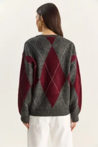 Bianco Lucci Women's Anthracite Claret Red 11 Buttons Diamond Patterned Basic Knitwear Sweater - Image 6