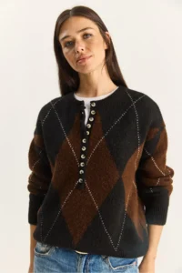 Bianco Lucci Women's Black Brown 11 Buttons Diamond Patterned Basic Knitwear Sweater - Image 6