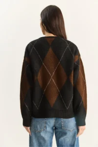 Bianco Lucci Women's Black Brown 11 Buttons Diamond Patterned Basic Knitwear Sweater - Image 8