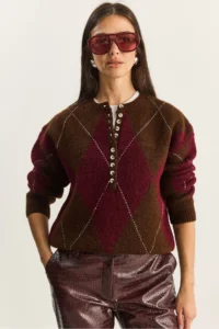 Bianco Lucci Women's Brown Claret Red 11 Buttons Diamond Patterned Basic Knitwear Sweater