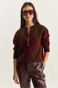 Bianco Lucci Women's Brown Claret Red 11 Buttons Diamond Patterned Basic Knitwear Sweater - Image 2