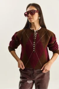 Bianco Lucci Women's Brown Claret Red 11 Buttons Diamond Patterned Basic Knitwear Sweater - Image 3