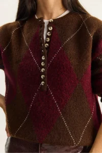 Bianco Lucci Women's Brown Claret Red 11 Buttons Diamond Patterned Basic Knitwear Sweater - Image 5