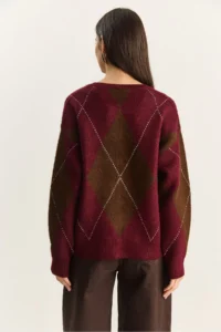 Bianco Lucci Women's Burgundy Brown 11 Buttons Diamond Patterned Basic Knitwear Sweater - Image 6