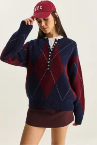 Bianco Lucci Women's Navy Blue Claret Red 11 Buttons Diamond Patterned Basic Knitwear Sweater