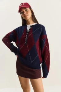 Bianco Lucci Women's Navy Blue Claret Red 11 Buttons Diamond Patterned Basic Knitwear Sweater - Image 4