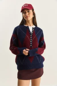 Bianco Lucci Women's Navy Blue Claret Red 11 Buttons Diamond Patterned Basic Knitwear Sweater - Image 5