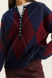 Bianco Lucci Women's Navy Blue Claret Red 11 Buttons Diamond Patterned Basic Knitwear Sweater - Image 7