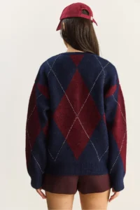 Bianco Lucci Women's Navy Blue Claret Red 11 Buttons Diamond Patterned Basic Knitwear Sweater - Image 8