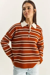 Bianco Lucci Women's Brick Polo Neck Striped Basic Knitwear Sweater