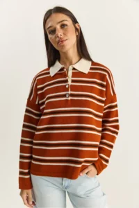 Bianco Lucci Women's Brick Polo Neck Striped Basic Knitwear Sweater - Image 2