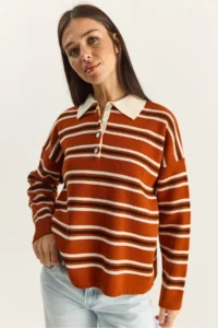 Bianco Lucci Women's Brick Polo Neck Striped Basic Knitwear Sweater - Image 3