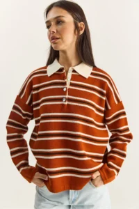 Bianco Lucci Women's Brick Polo Neck Striped Basic Knitwear Sweater - Image 4