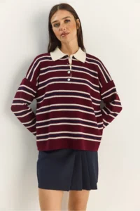 Bianco Lucci Women's Claret Red Polo Neck Striped Basic Knitwear Sweater - Image 2