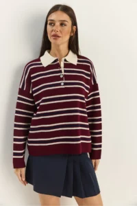 Bianco Lucci Women's Claret Red Polo Neck Striped Basic Knitwear Sweater - Image 3