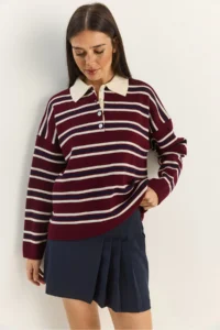 Bianco Lucci Women's Claret Red Polo Neck Striped Basic Knitwear Sweater - Image 4