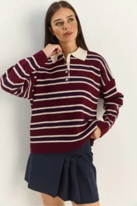 Bianco Lucci Women's Claret Red Polo Neck Striped Basic Knitwear Sweater - Image 5