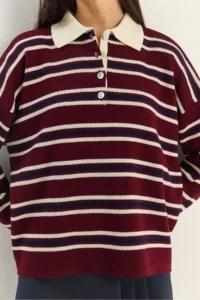 Bianco Lucci Women's Claret Red Polo Neck Striped Basic Knitwear Sweater - Image 6