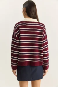 Bianco Lucci Women's Claret Red Polo Neck Striped Basic Knitwear Sweater - Image 7