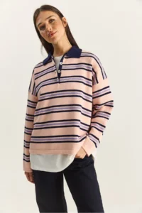 Bianco Lucci Women's Pink Polo Neck Striped Basic Knitwear Sweater - Image 2