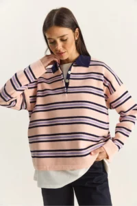 Bianco Lucci Women's Pink Polo Neck Striped Basic Knitwear Sweater - Image 3
