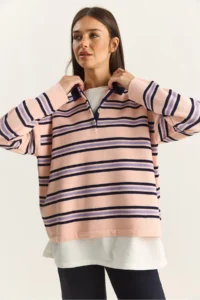 Bianco Lucci Women's Pink Polo Neck Striped Basic Knitwear Sweater - Image 4