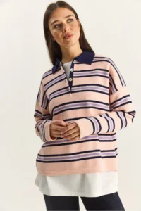 Bianco Lucci Women's Pink Polo Neck Striped Basic Knitwear Sweater - Image 5