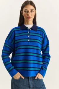 Bianco Lucci Women's Saks Polo Neck Striped Basic Knitwear Sweater