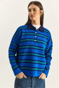 Bianco Lucci Women's Saks Polo Neck Striped Basic Knitwear Sweater - Image 2