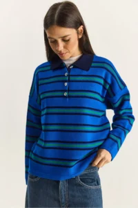 Bianco Lucci Women's Saks Polo Neck Striped Basic Knitwear Sweater - Image 3