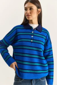 Bianco Lucci Women's Saks Polo Neck Striped Basic Knitwear Sweater - Image 4