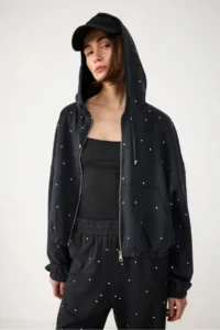 No Matter What Women's Zippered Hooded Sweatshirt Jacket Stone Printed Soft Fabric - Image 3