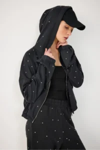No Matter What Women's Zippered Hooded Sweatshirt Jacket Stone Printed Soft Fabric - Image 5