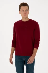 US Polo Assn. Men Regular Fit Crew Neck Burgundy Basic Sweatshirt - Image 3