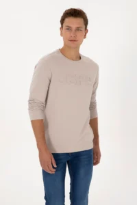 US Polo Assn. Men Regular Fit Crew Neck Stone Basic Sweatshirt - Image 3