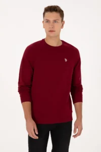 US Polo Assn. Men Regular Fit Crew Neck Burgundy Thin Basic Sweatshirt - Image 3