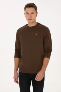 US Polo Assn. Men Regular Fit Crew Neck Brown Thin Basic Sweatshirt