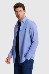US Polo Assn. Men Saks BLUE Long Sleeve Basic Shirt - Image 3