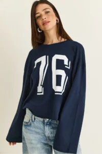 Bianco Lucci Women's Navy Blue Print Detailed Long Sleeve Oversize Modal Blouse 12511
